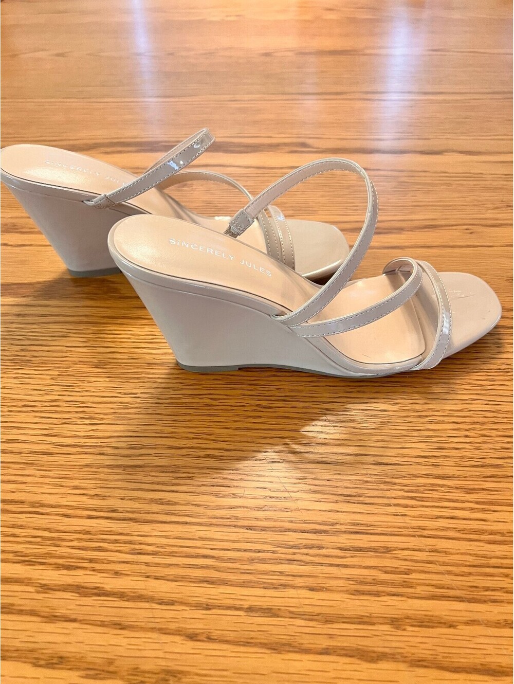 Sincerely Jules Beige Patent Leather Wedge Sandals